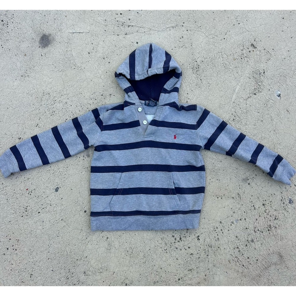 Vintage Polo Ralph Lauren Boy Pullover Striped Gray Blue Rugby Hoodie Youth 7